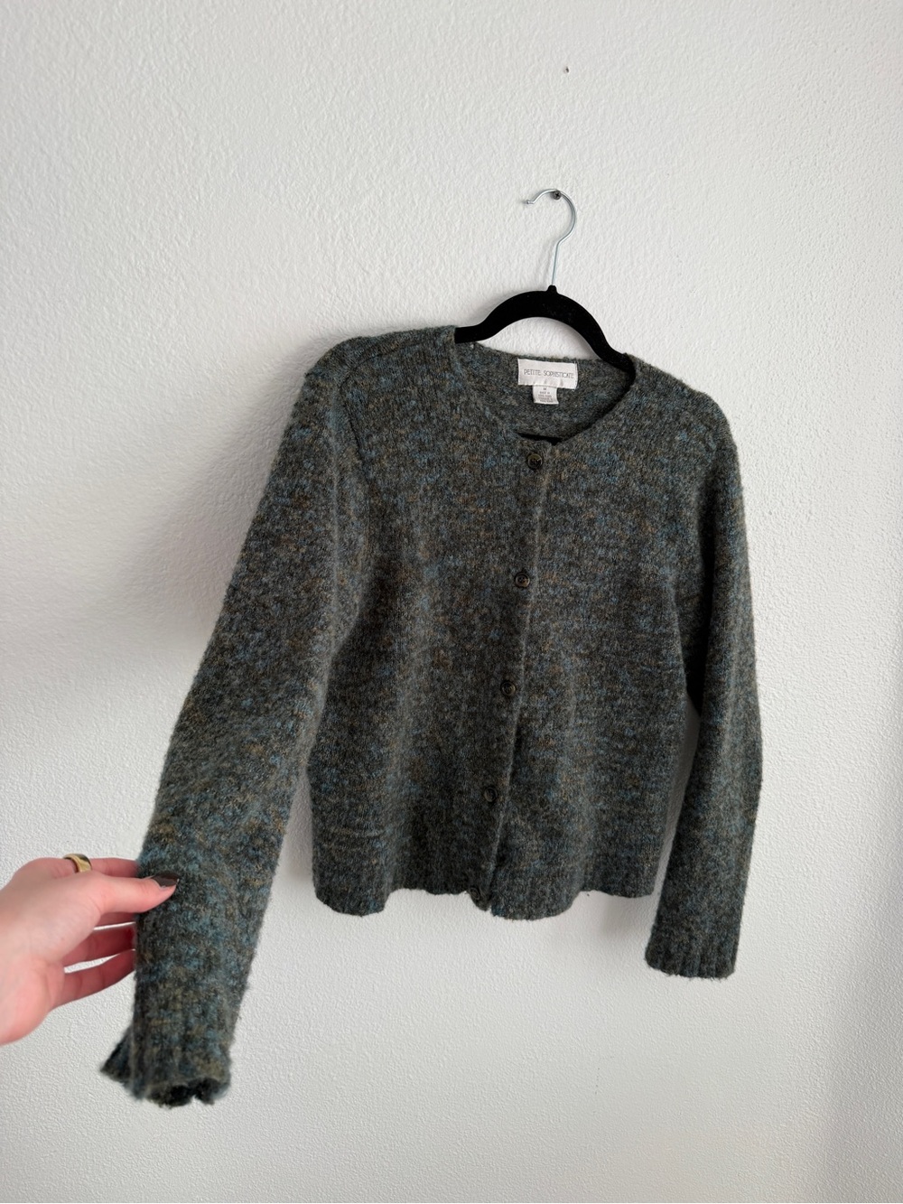 Petite Sophisticate Heathered Olive-Grey Button Cardigan